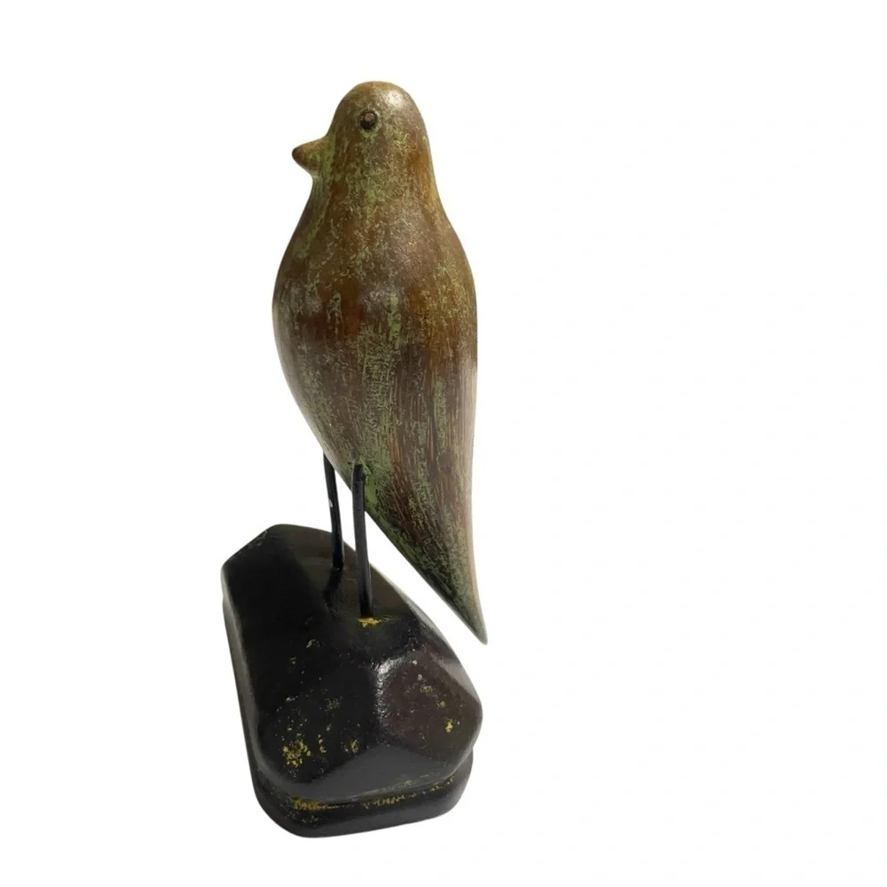 Smith & Hawken folk art wooden bird, carved brown & teal wren statue. c. 70s-80s